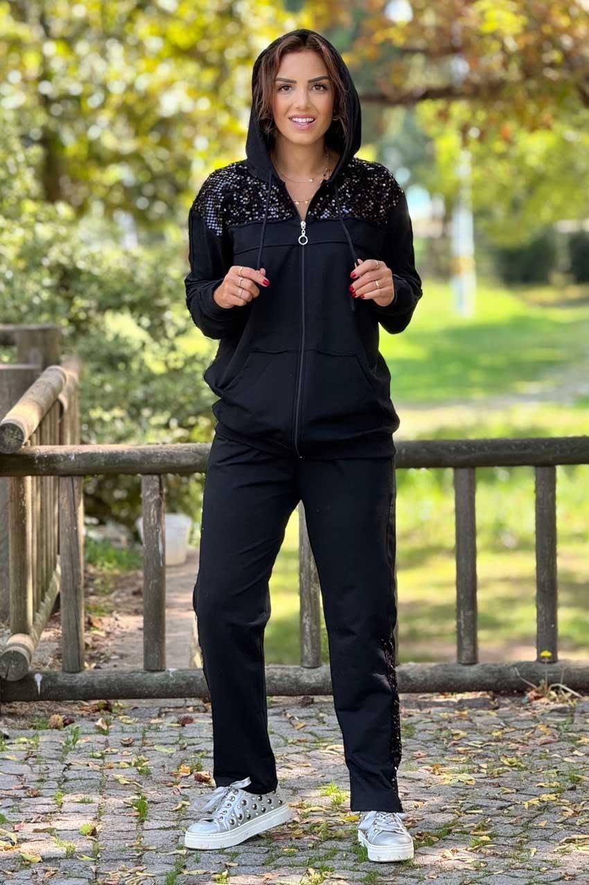 Siyah Pul Payetli %100 Pamuk Eşofman Takımı