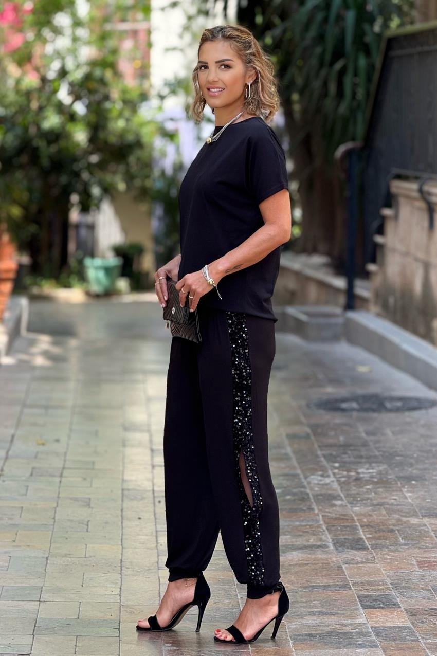 Siyah Pul Payetli Yırtmaç Detaylı Pamuklu Şalvar