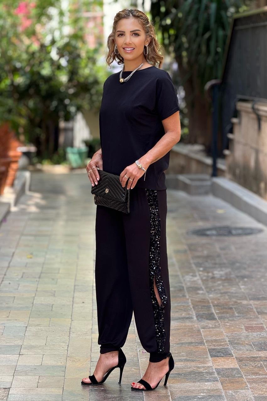 Siyah Pul Payetli Yırtmaç Detaylı Pamuklu Şalvar