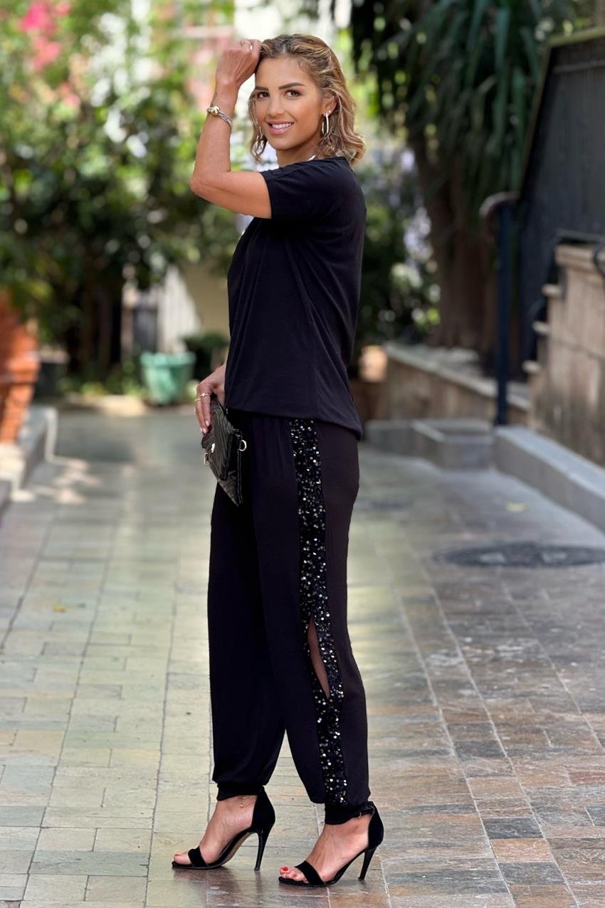 Siyah Pul Payetli Yırtmaç Detaylı Pamuklu Şalvar