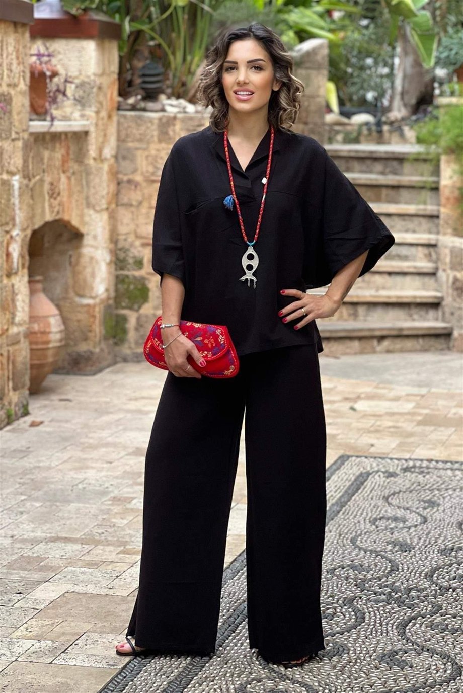 Siyah Renk %100 Pamuk Keten Pantolon Bluz Takım