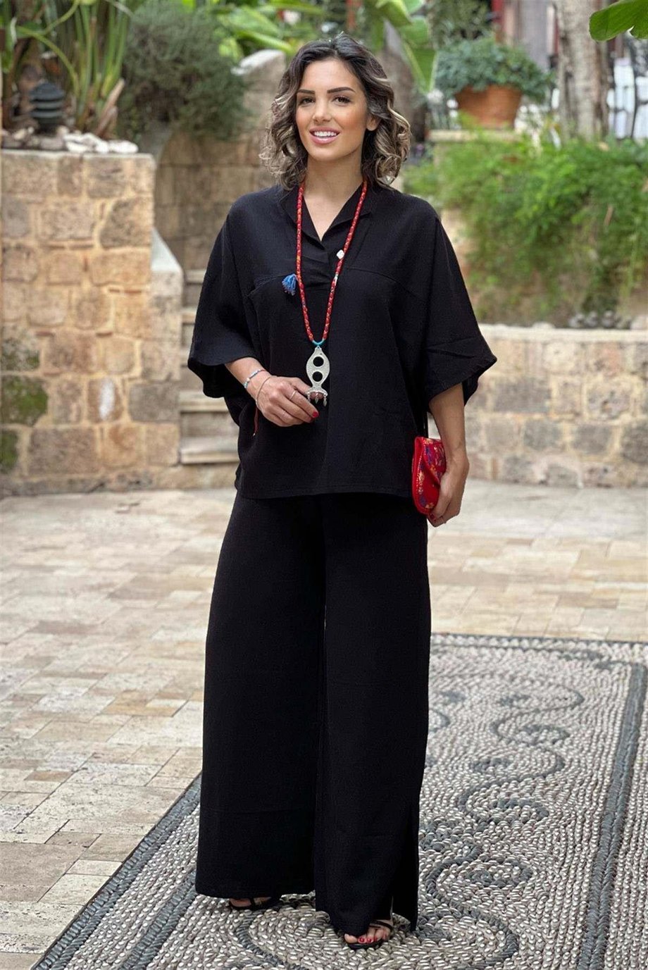 Siyah Renk %100 Pamuk Keten Pantolon Bluz Takım