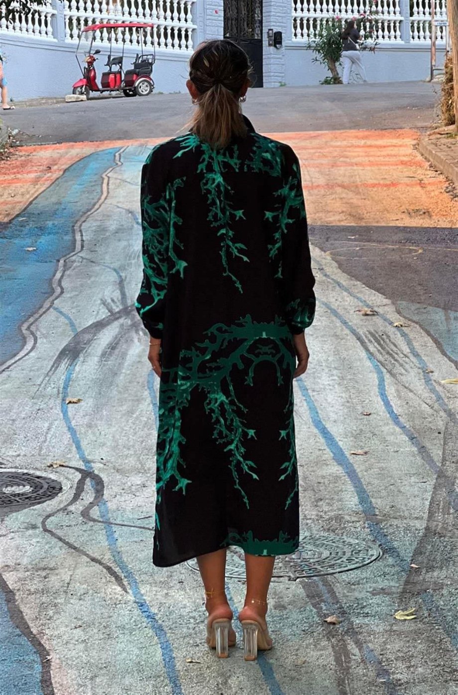 Siyah Renk Resif Desenli Gömlek Elbise