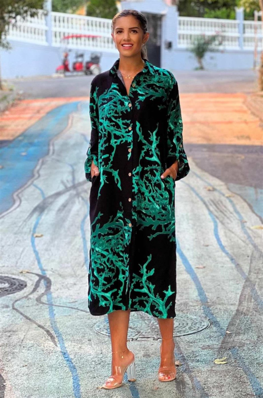 Siyah Renk Resif Desenli Gömlek Elbise