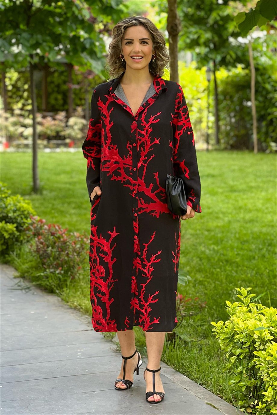 Siyah Renk Resif Desenli Viskon Elbise