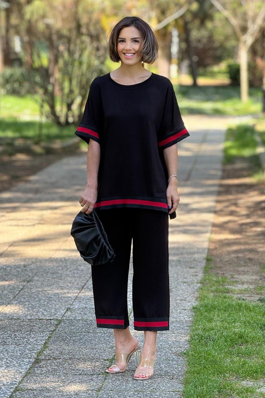 Siyah Ribanalı Pamuklu Pantolon Bluz İkili Takım