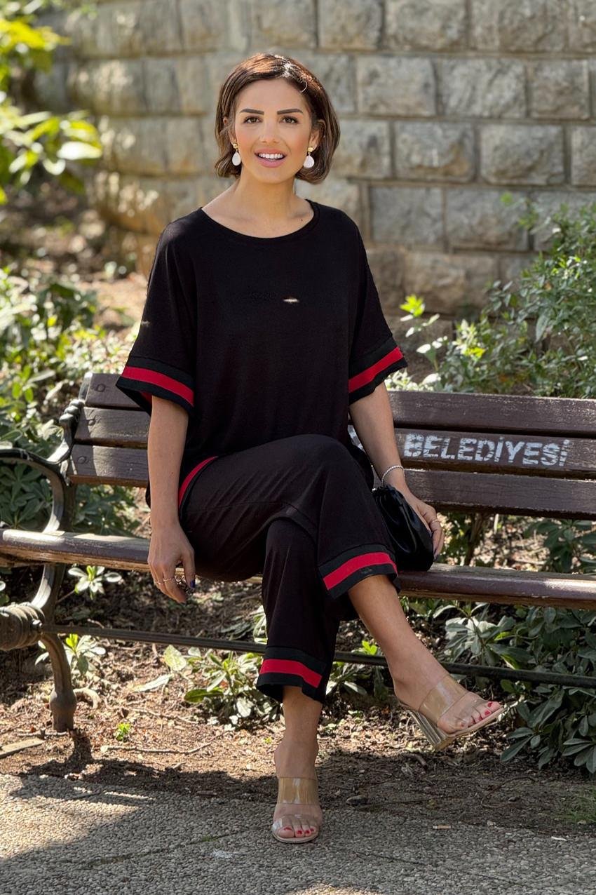 Siyah Ribanalı Pamuklu Pantolon Bluz İkili Takım