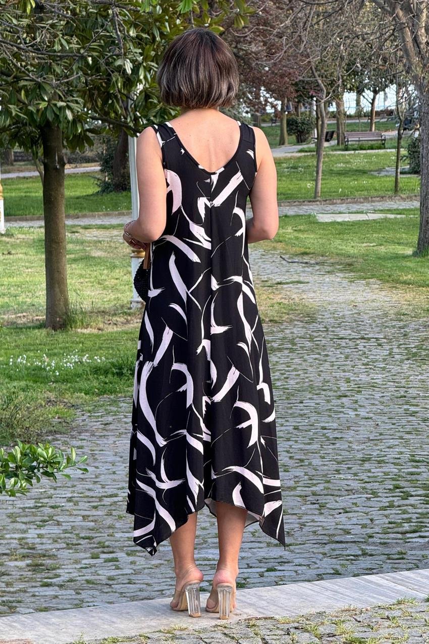 Siyah Rüzgar Desenli Tokalı Askılı Pamuklu Elbise