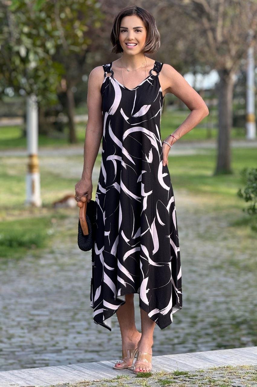 Siyah Rüzgar Desenli Tokalı Askılı Pamuklu Elbise