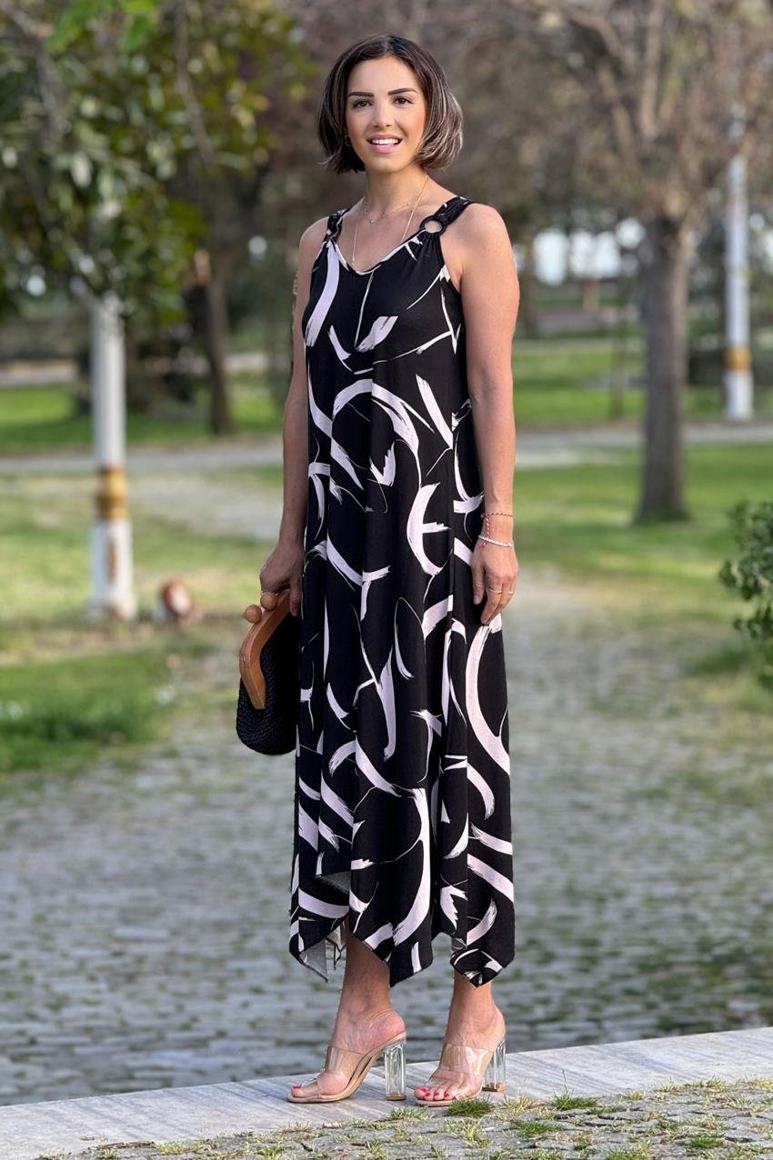 Siyah Rüzgar Desenli Tokalı Askılı Pamuklu Elbise