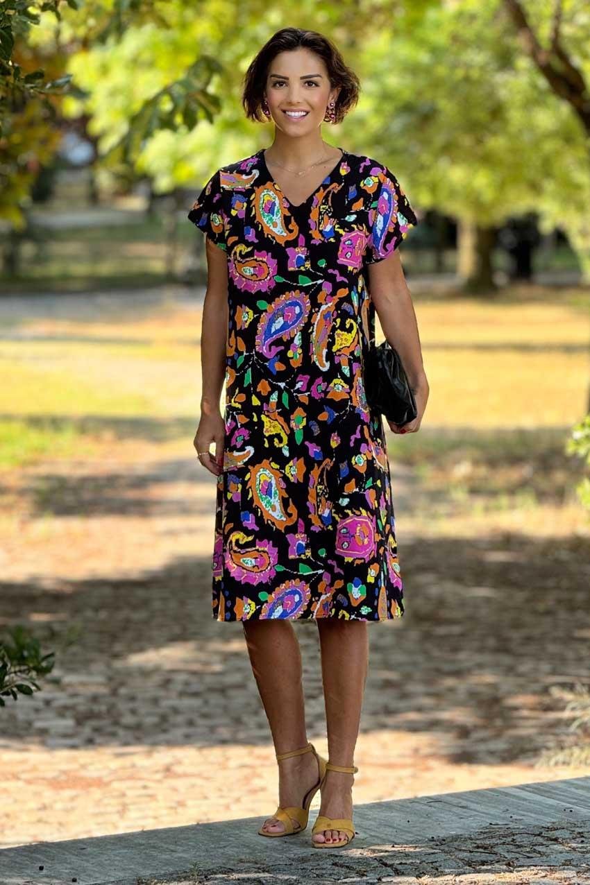 Siyah Şal Desenli %100 Pamuk Viskon Elbise