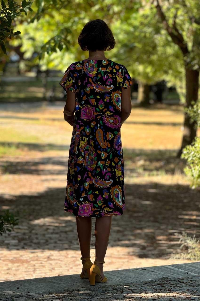 Siyah Şal Desenli %100 Pamuk Viskon Elbise