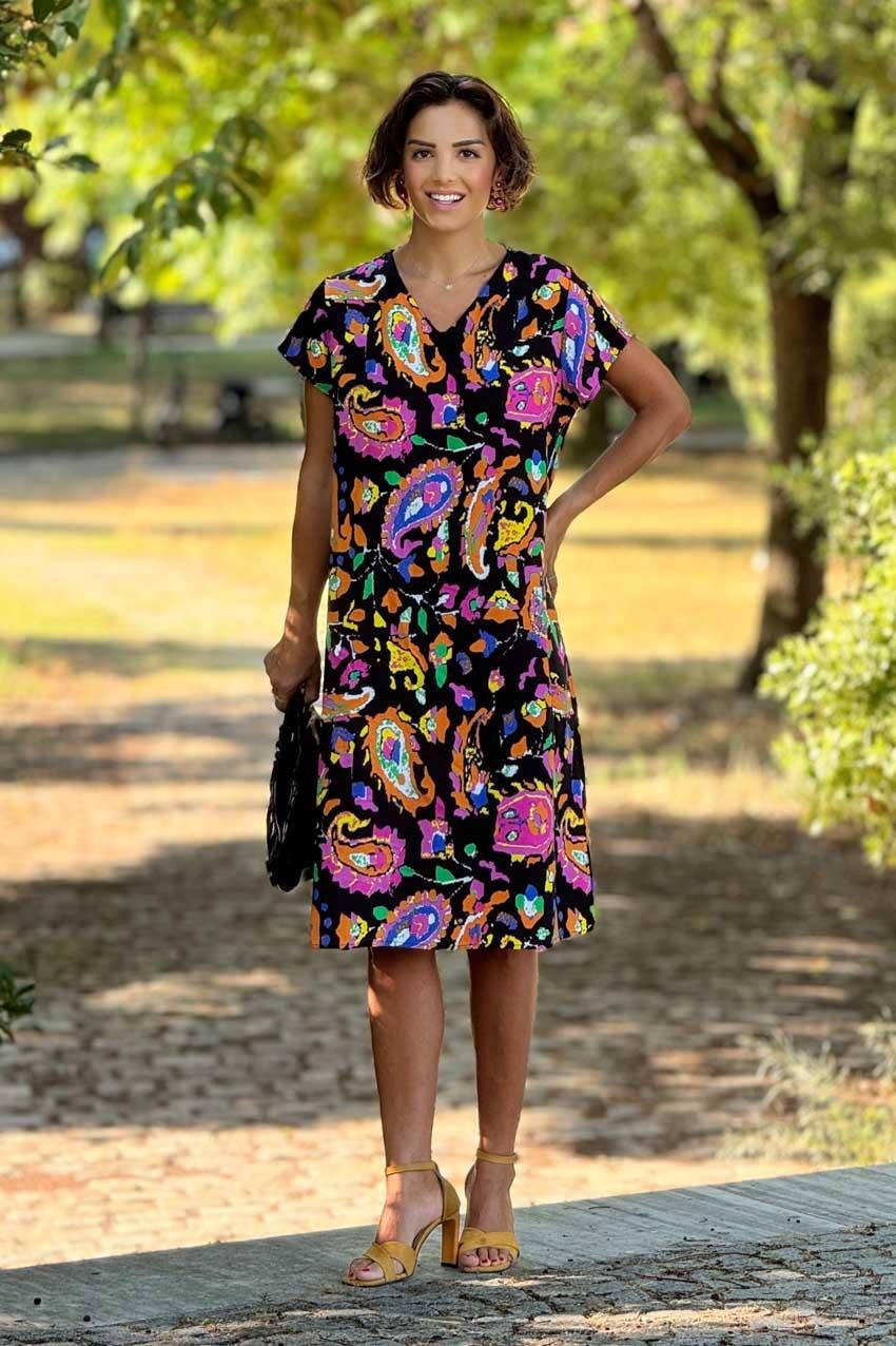 Siyah Şal Desenli %100 Pamuk Viskon Elbise