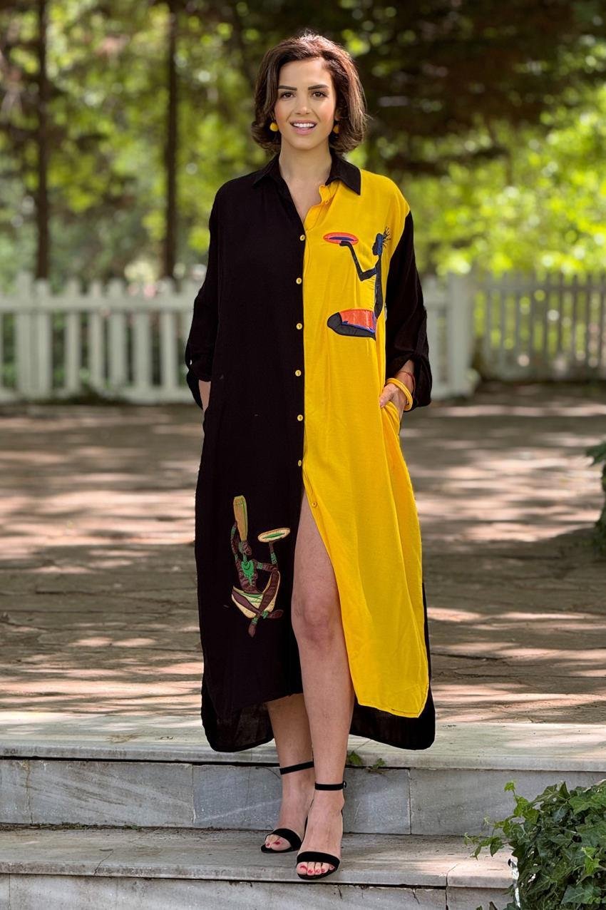 Siyah Sarı Gana Aplikeli %100 Pamuk Gömlek Elbise