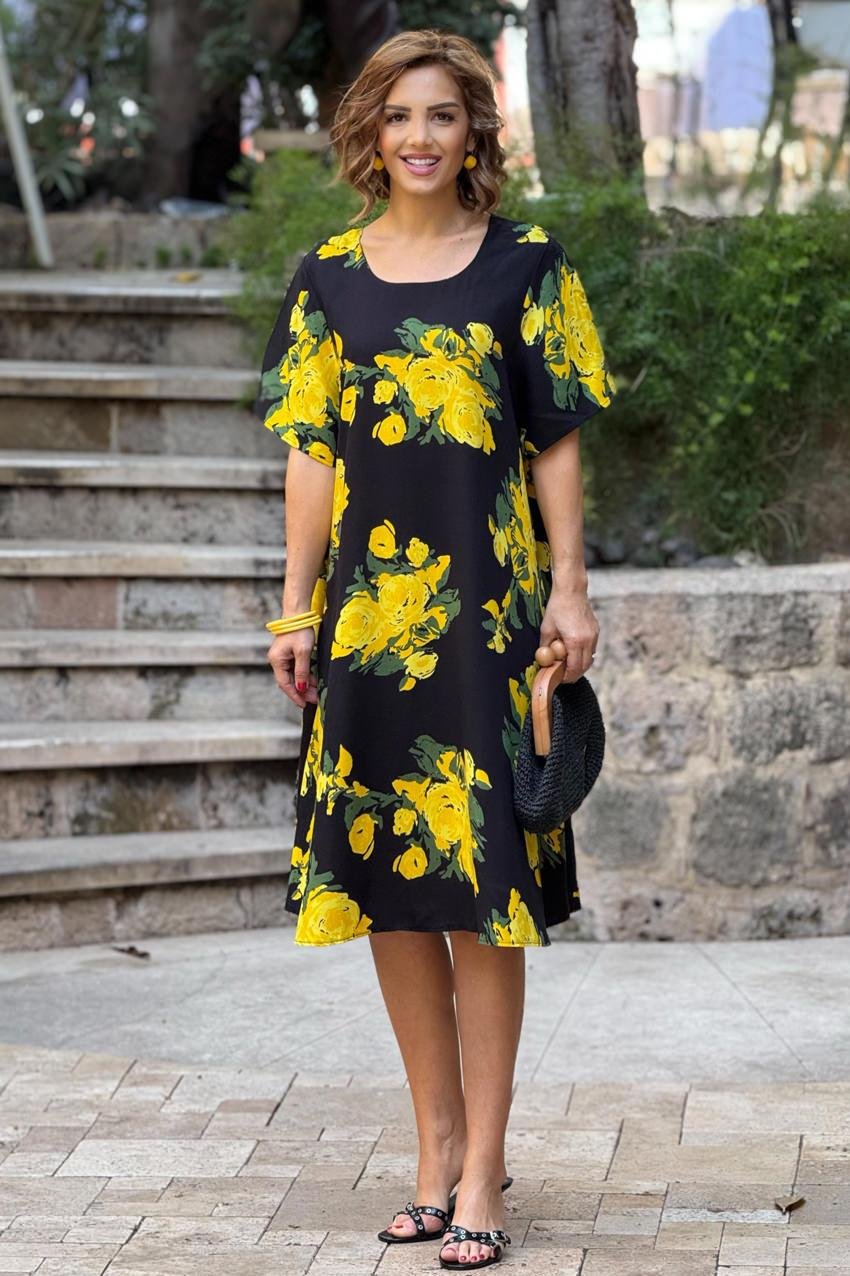 Siyah Sarı Gül Desen Kayık Yaka %100 Pamuk Viskon Elbise