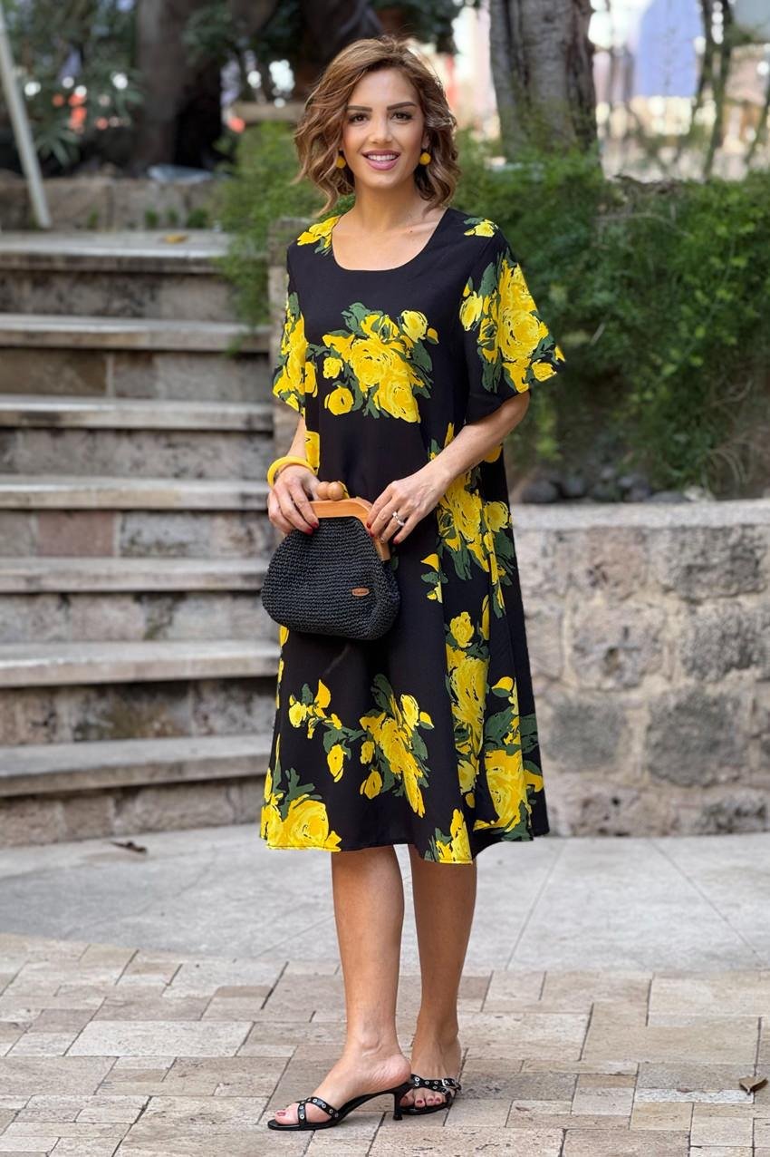 Siyah Sarı Gül Desen Kayık Yaka %100 Pamuk Viskon Elbise