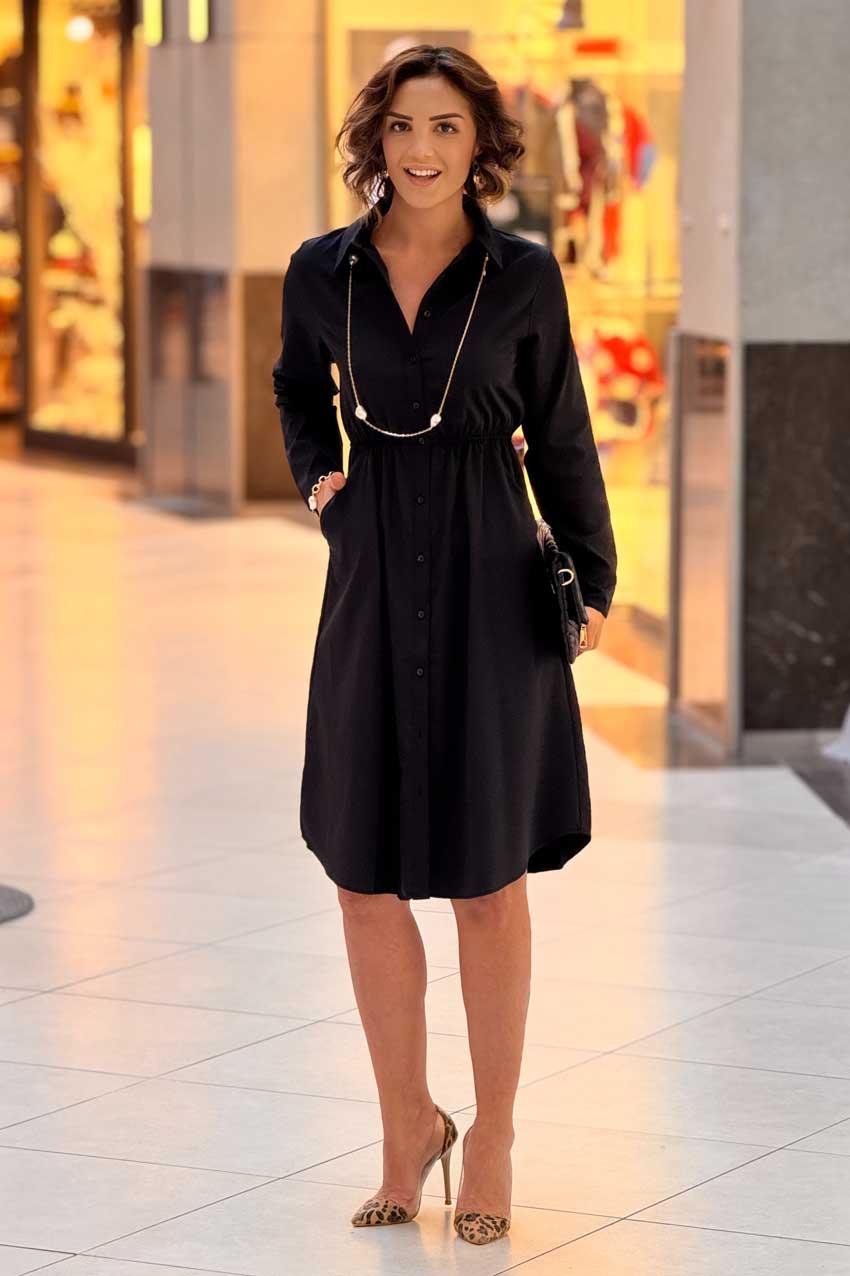 Siyah Saten Gömlek Elbise
