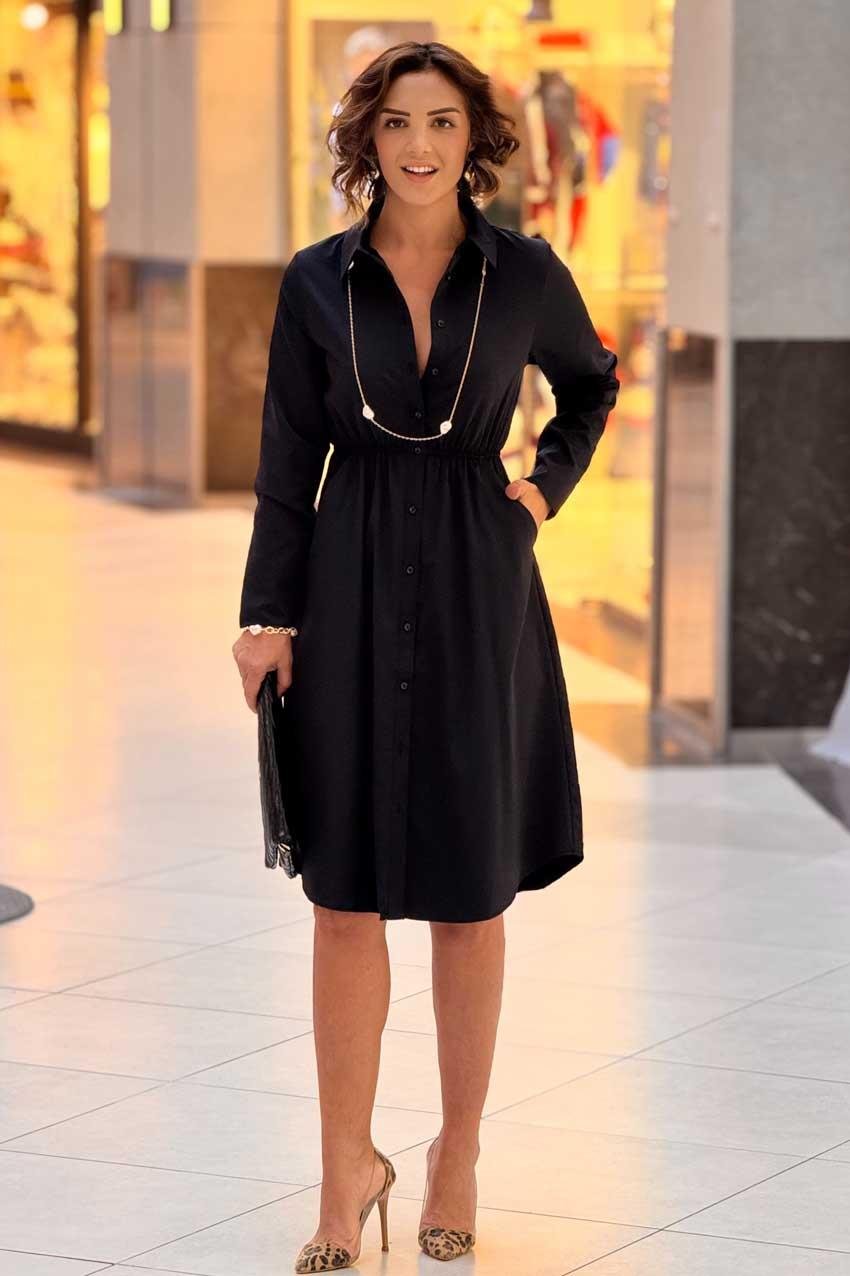 Siyah Saten Gömlek Elbise
