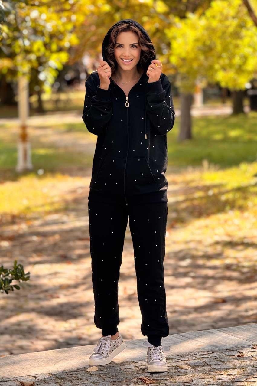 Siyah Serpme Taş Detaylı %100 Pamuk Eşofman Takım