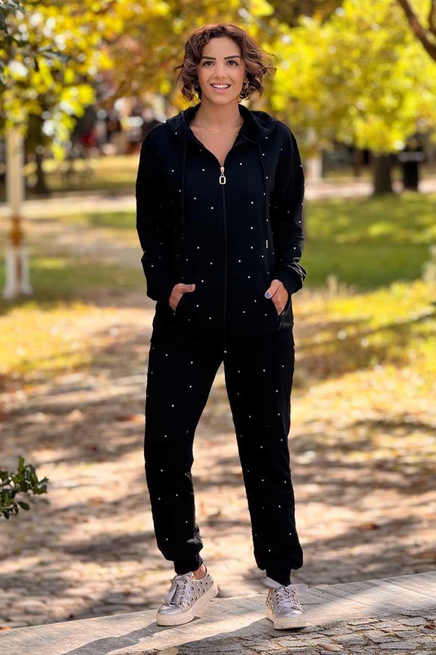 Siyah Serpme Taş Detaylı %100 Pamuk Eşofman Takım