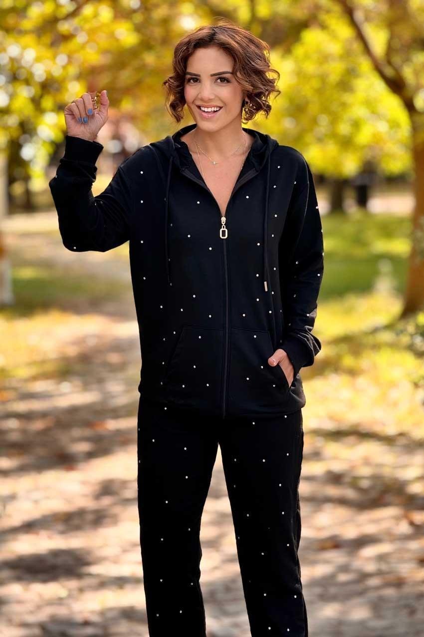 Siyah Serpme Taş Detaylı %100 Pamuk Eşofman Takım