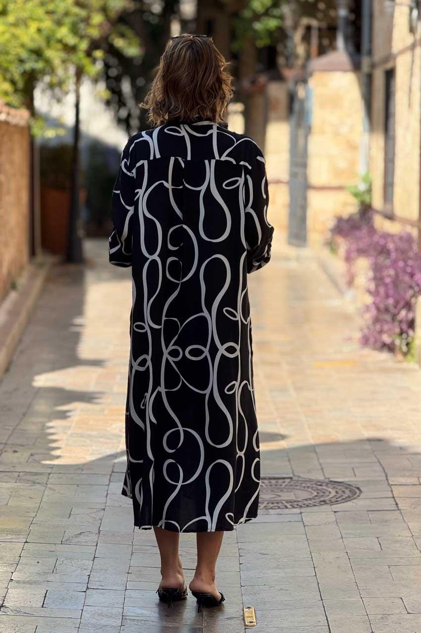 Siyah Spiral Desenli Gömlek Elbise %100 Pamuk Viskon