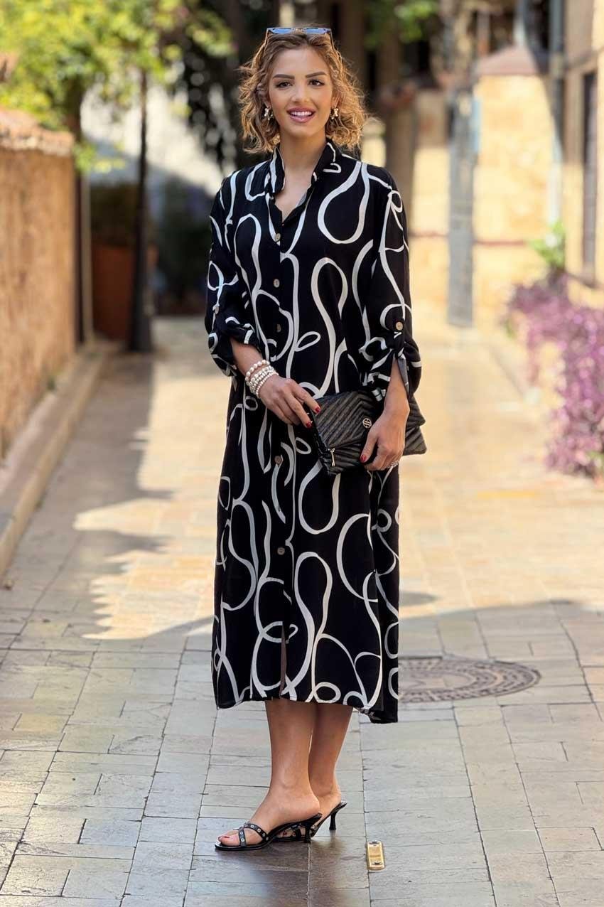 Siyah Spiral Desenli Gömlek Elbise %100 Pamuk Viskon