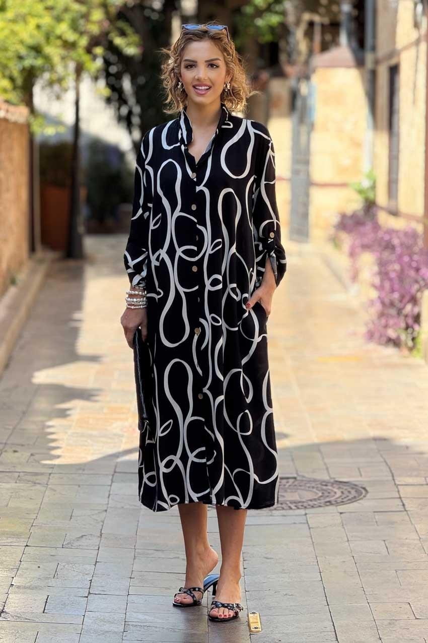 Siyah Spiral Desenli Gömlek Elbise %100 Pamuk Viskon