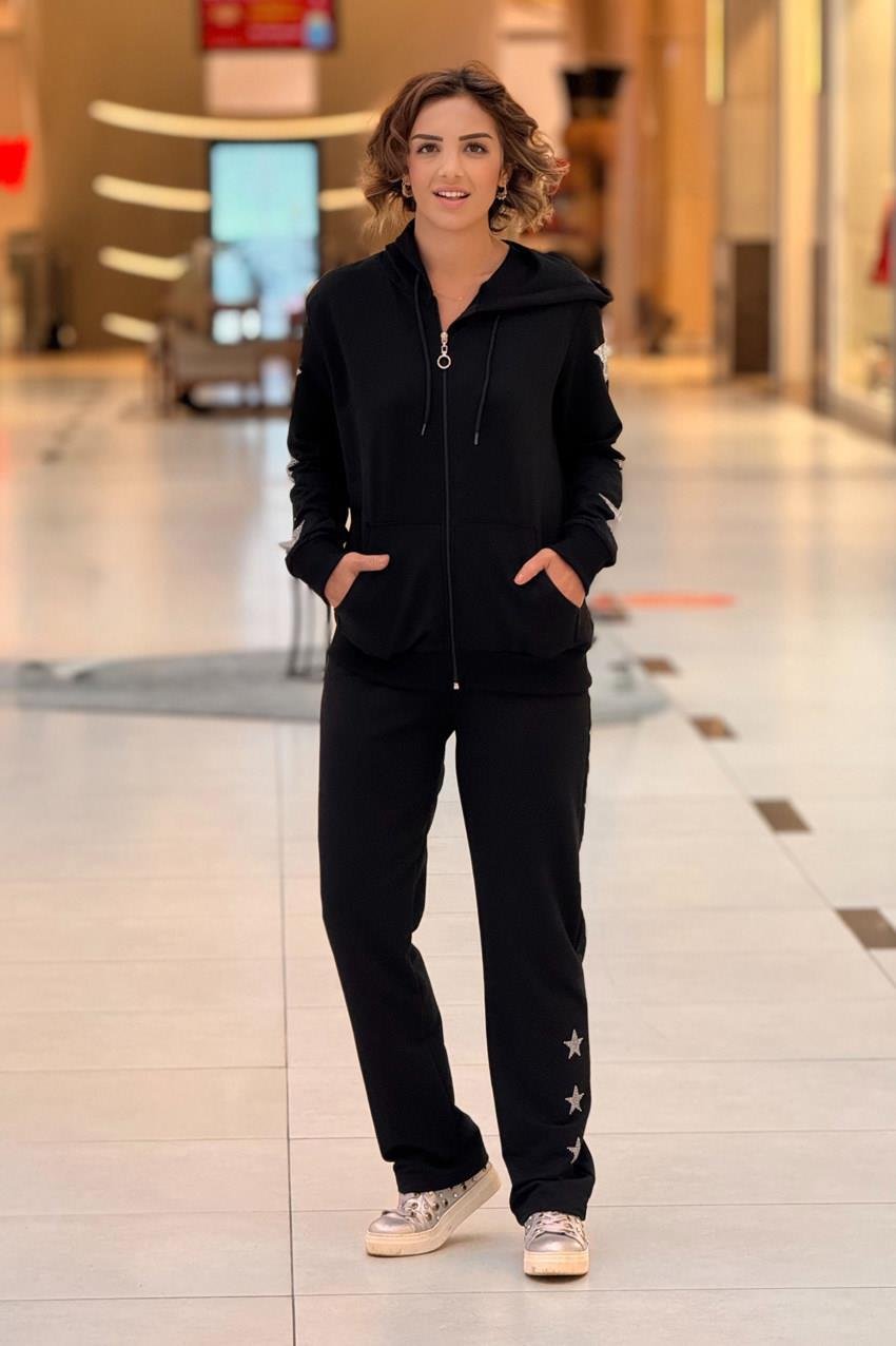 Siyah Star Aksesuarlı %100 Pamuk Eşofman Takım