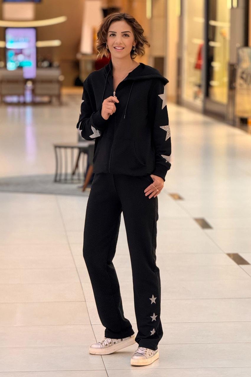 Siyah Star Aksesuarlı %100 Pamuk Eşofman Takım