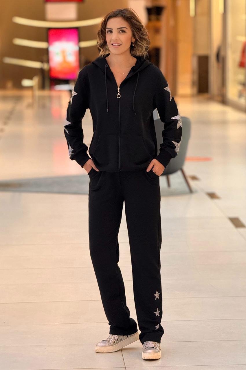 Siyah Star Aksesuarlı %100 Pamuk Eşofman Takım