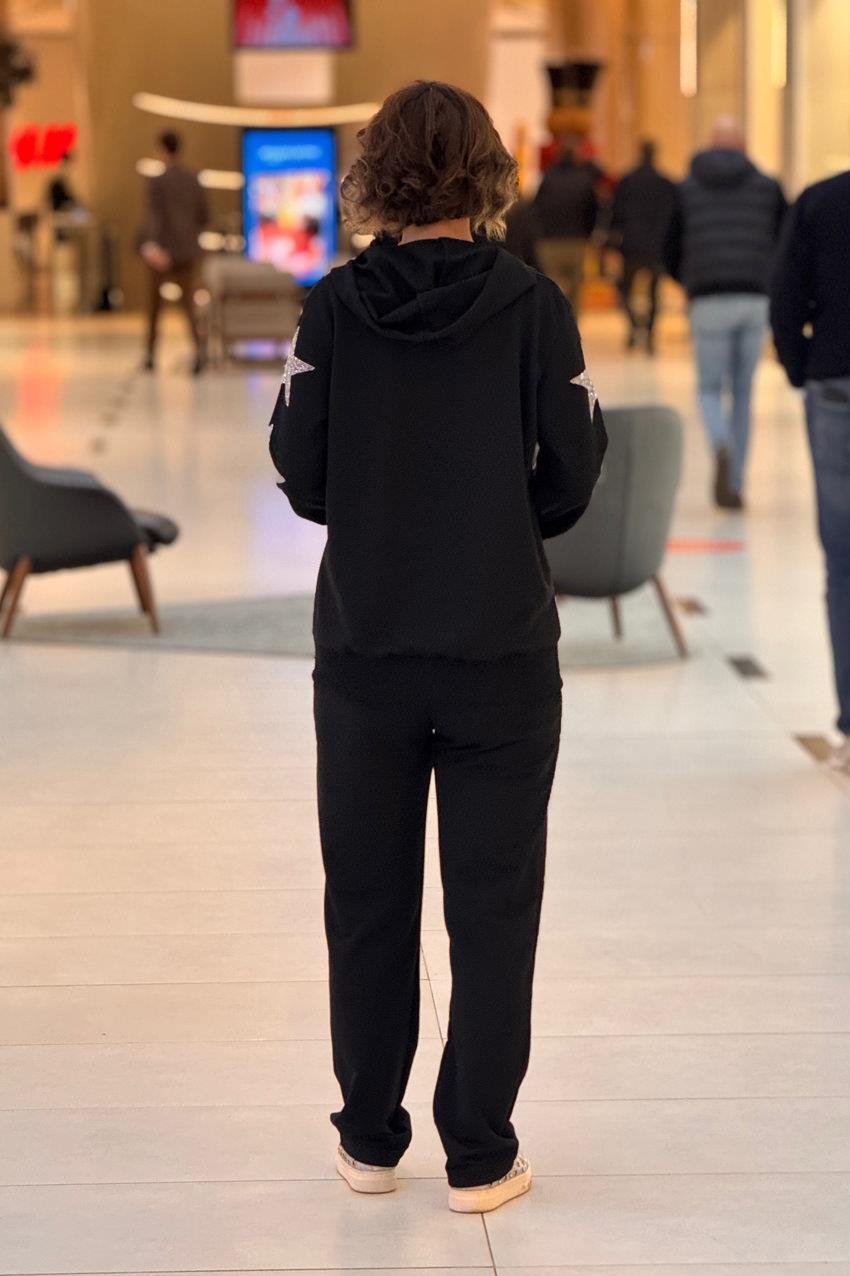 Siyah Star Aksesuarlı %100 Pamuk Eşofman Takım