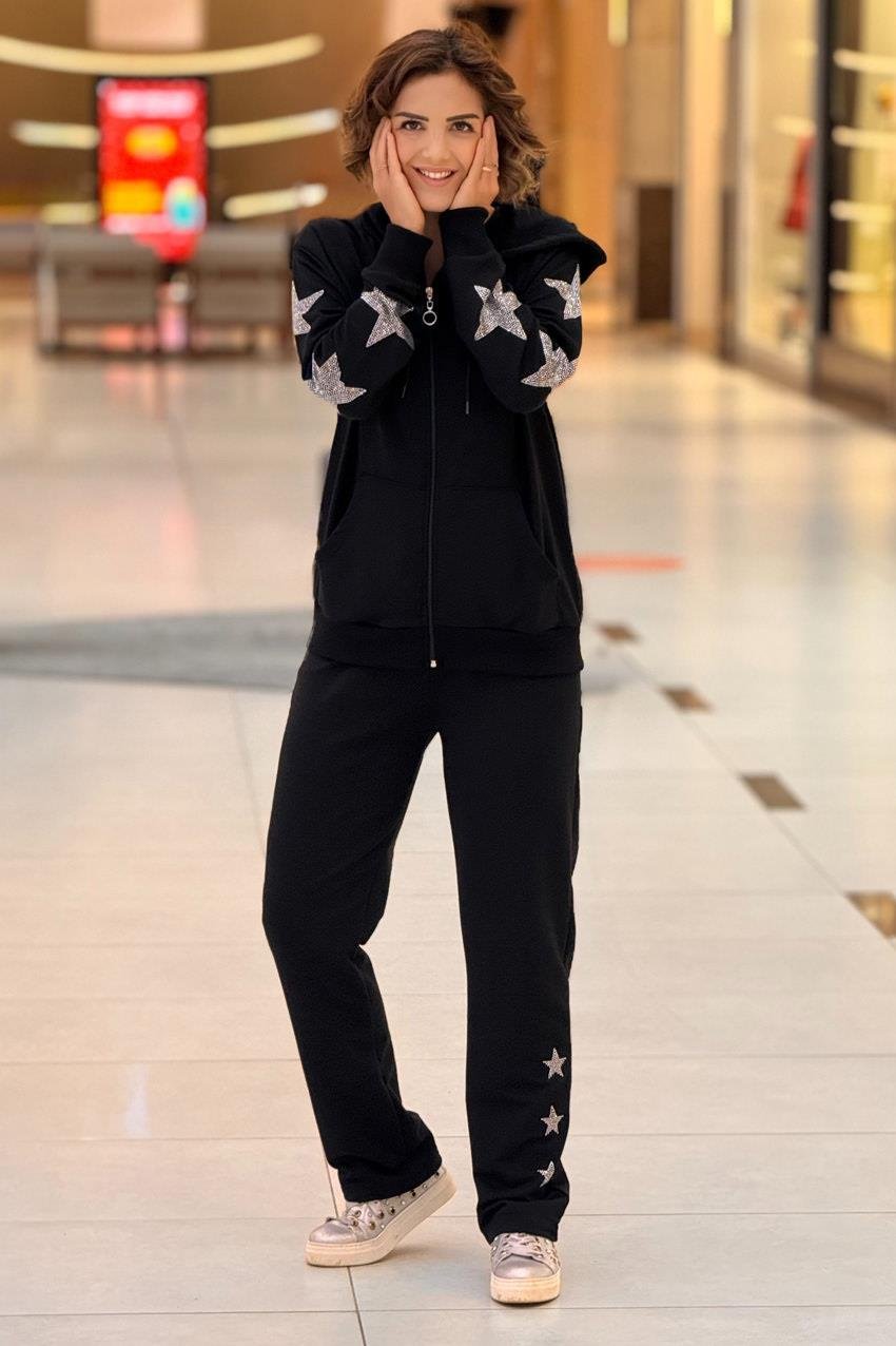 Siyah Star Aksesuarlı %100 Pamuk Eşofman Takım