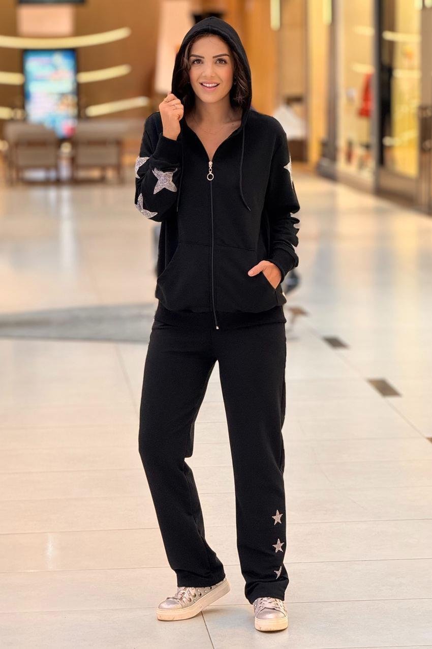 Siyah Star Aksesuarlı %100 Pamuk Eşofman Takım