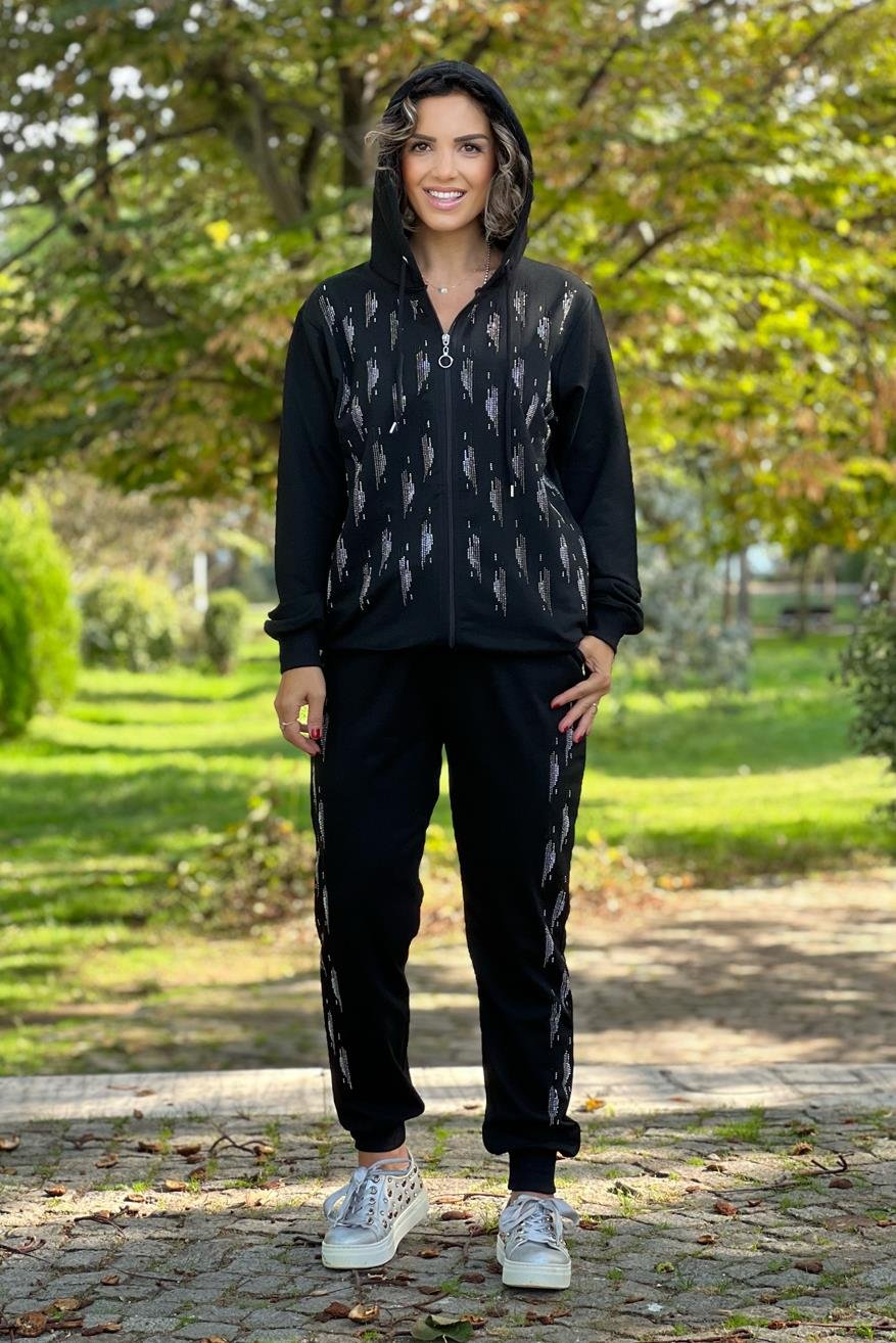Siyah Su Damlası Taşlı %100 Pamuk Eşofman Takımı