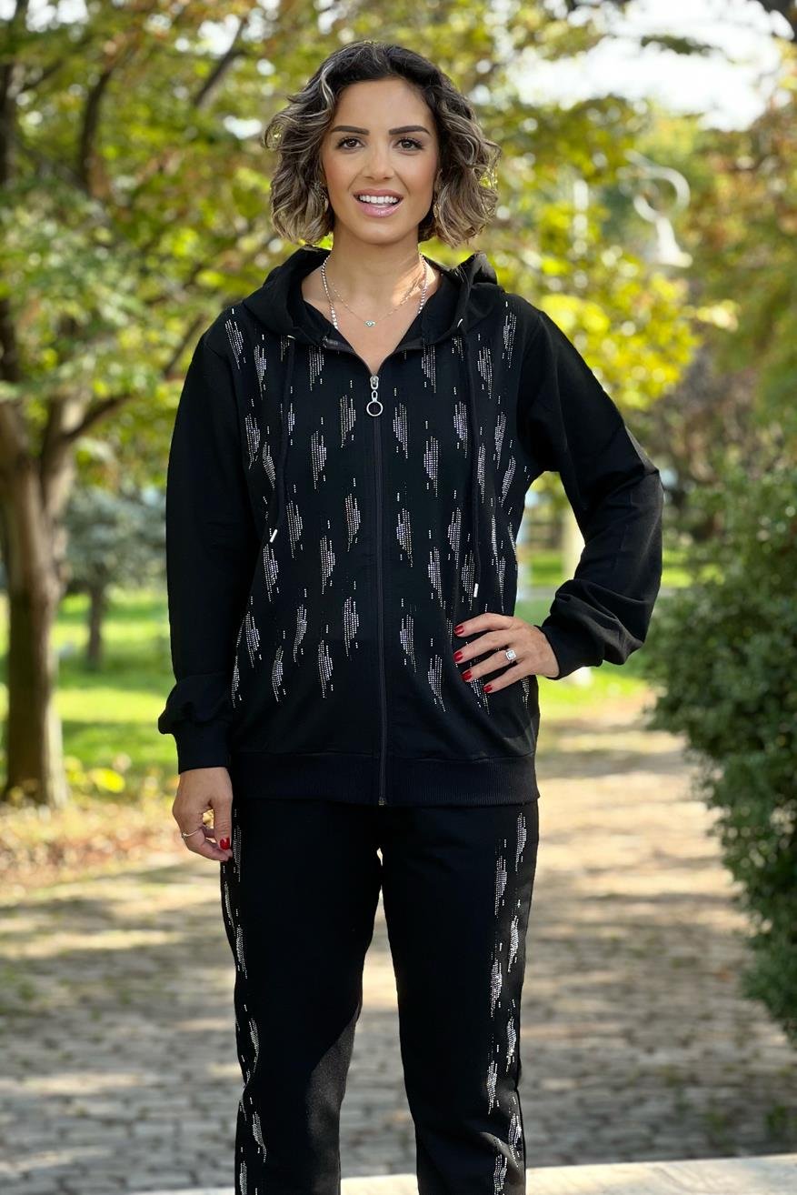 Siyah Su Damlası Taşlı %100 Pamuk Eşofman Takımı