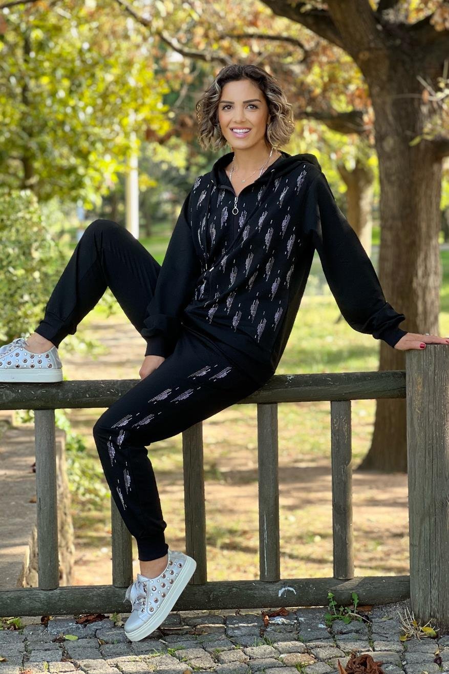 Siyah Su Damlası Taşlı %100 Pamuk Eşofman Takımı