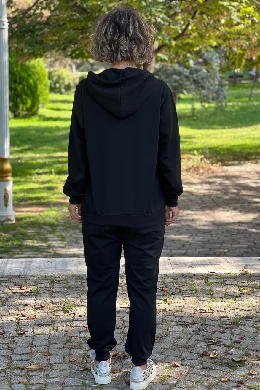 Siyah Su Damlası Taşlı %100 Pamuk Eşofman Takımı