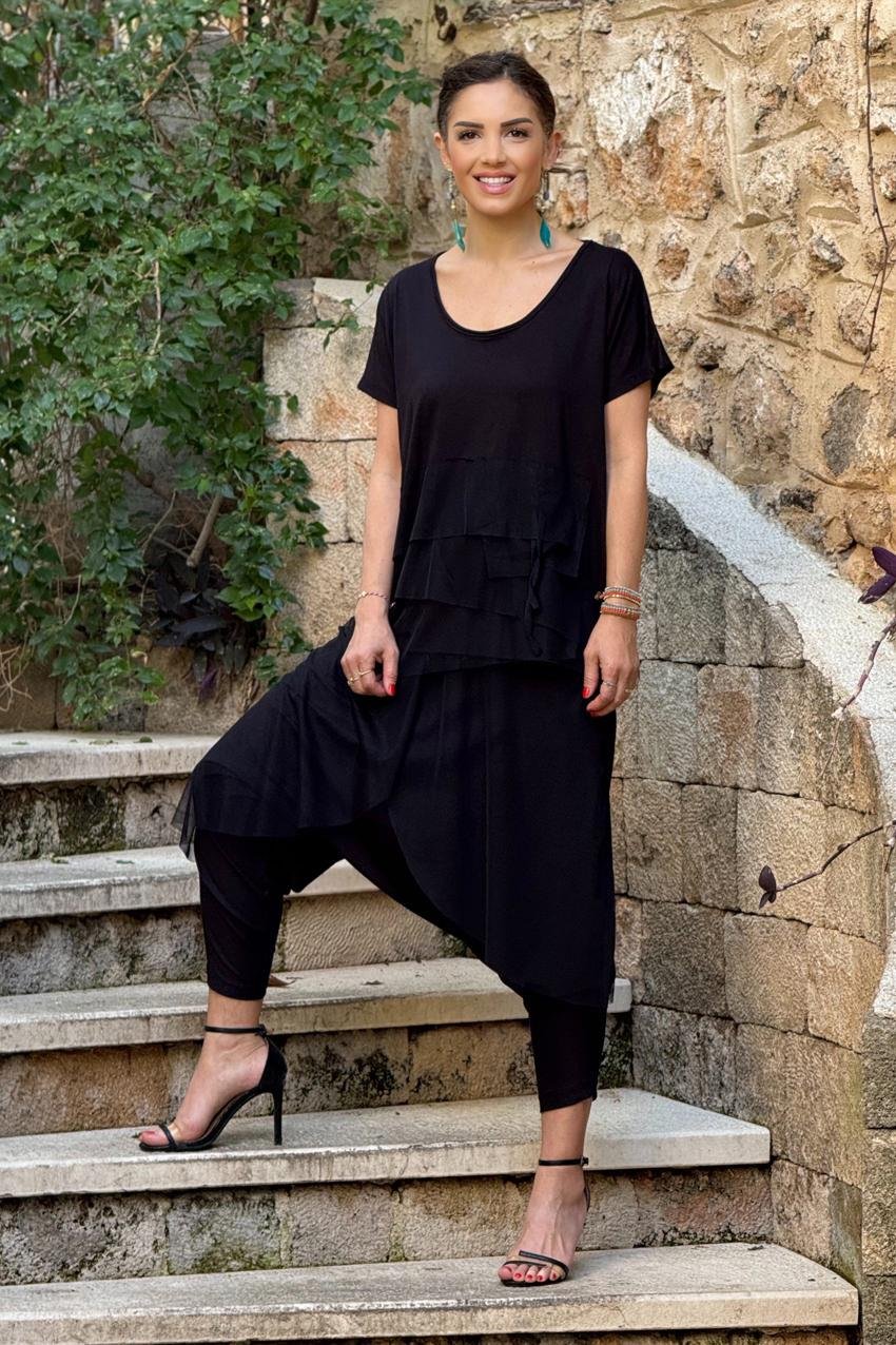 Siyah Tül Detaylı Takım - Şalvar ve Bluz