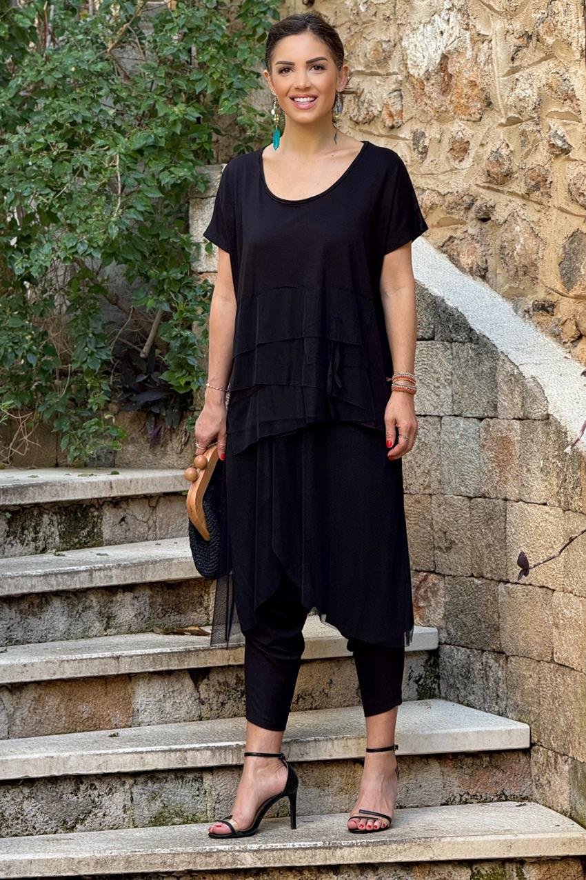 Siyah Tül Detaylı Takım - Şalvar ve Bluz