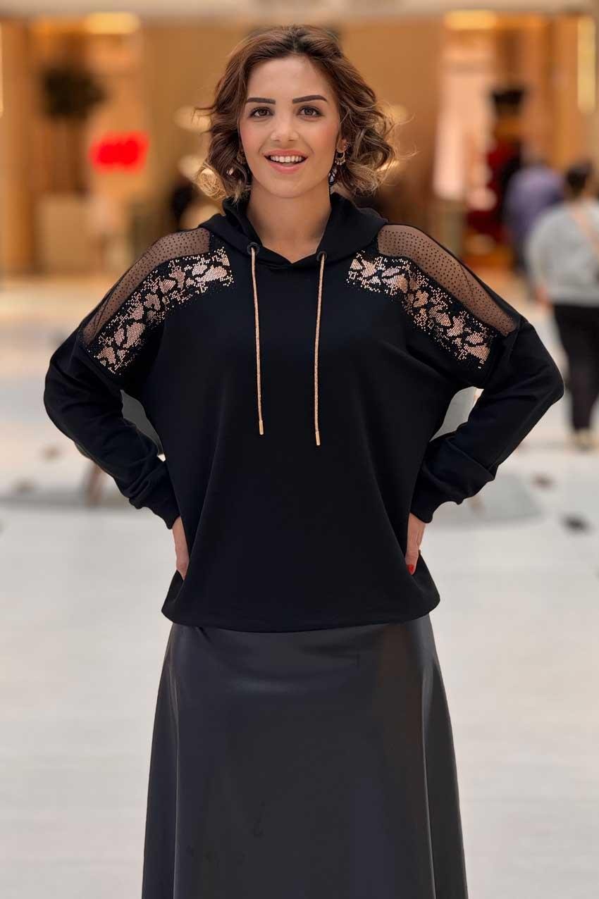Siyah Tül ve Taş Detaylı %100 Pamuk Sweatshirt