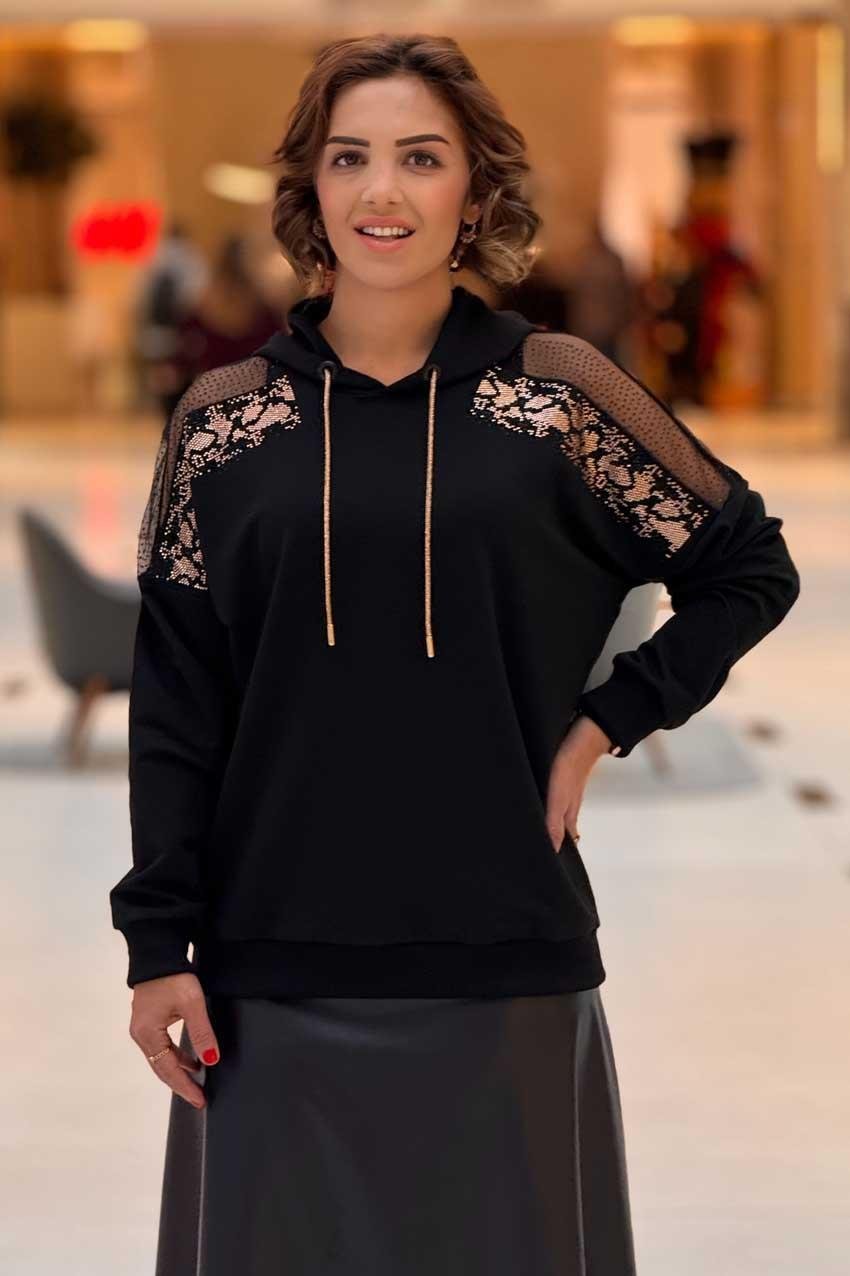 Siyah Tül ve Taş Detaylı %100 Pamuk Sweatshirt