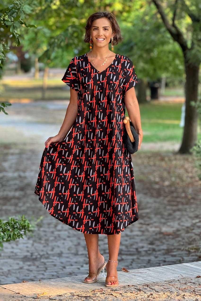 Siyah Turuncu Kare Desenli Afitap %100 Pamuk Elbise