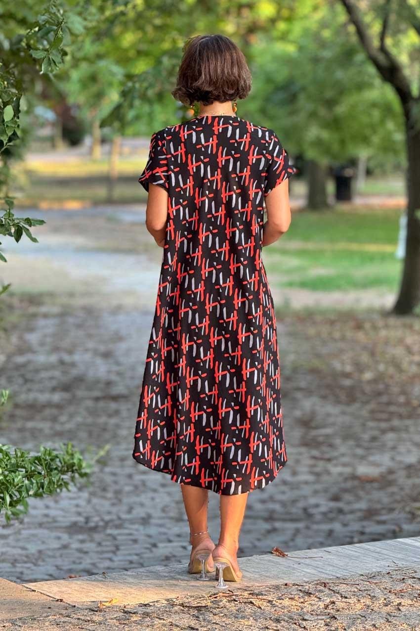 Siyah Turuncu Kare Desenli Afitap %100 Pamuk Elbise