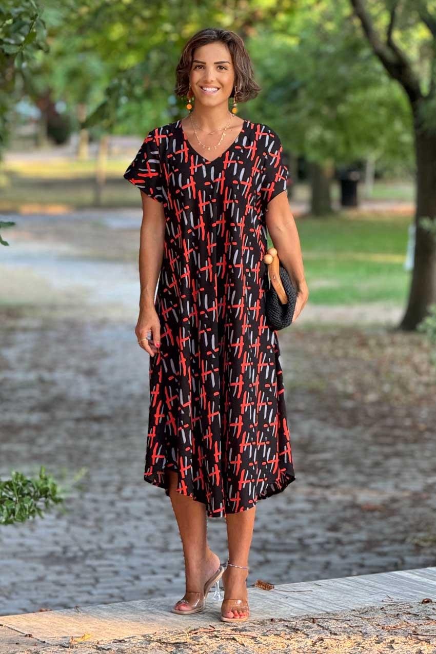 Siyah Turuncu Kare Desenli Afitap %100 Pamuk Elbise