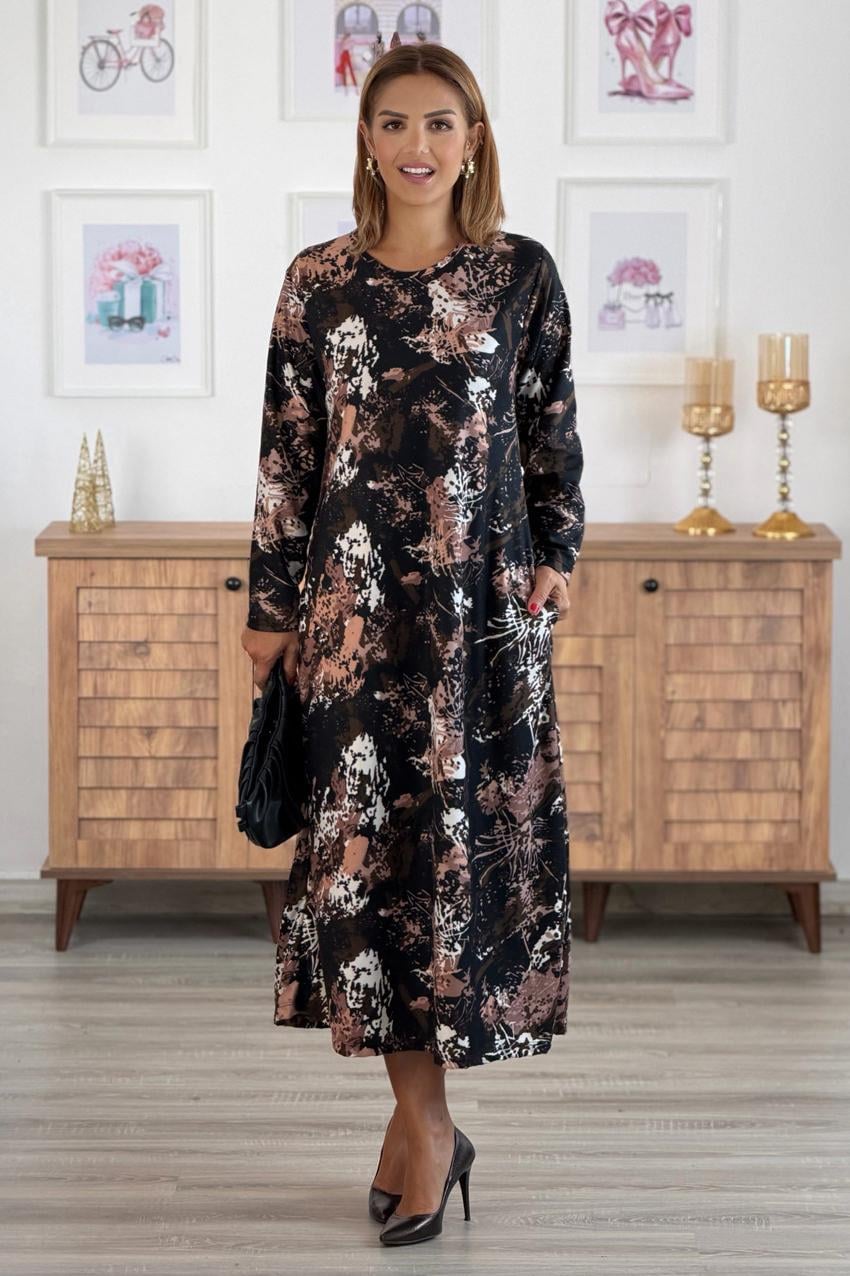 Siyah Tuval Desenli Zımparalı Süet Elbise