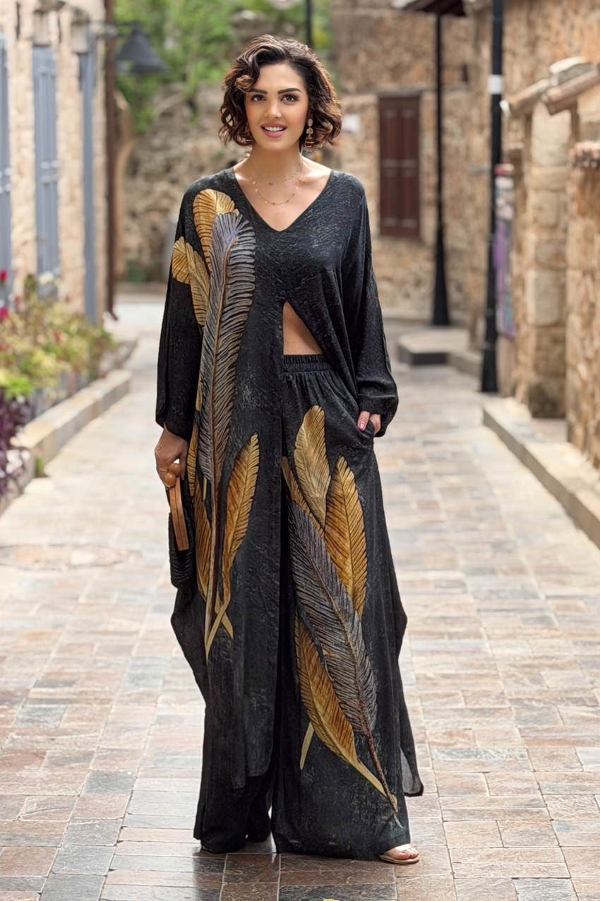 Siyah Tüy Detaylı Pantolon Tunik Takım 