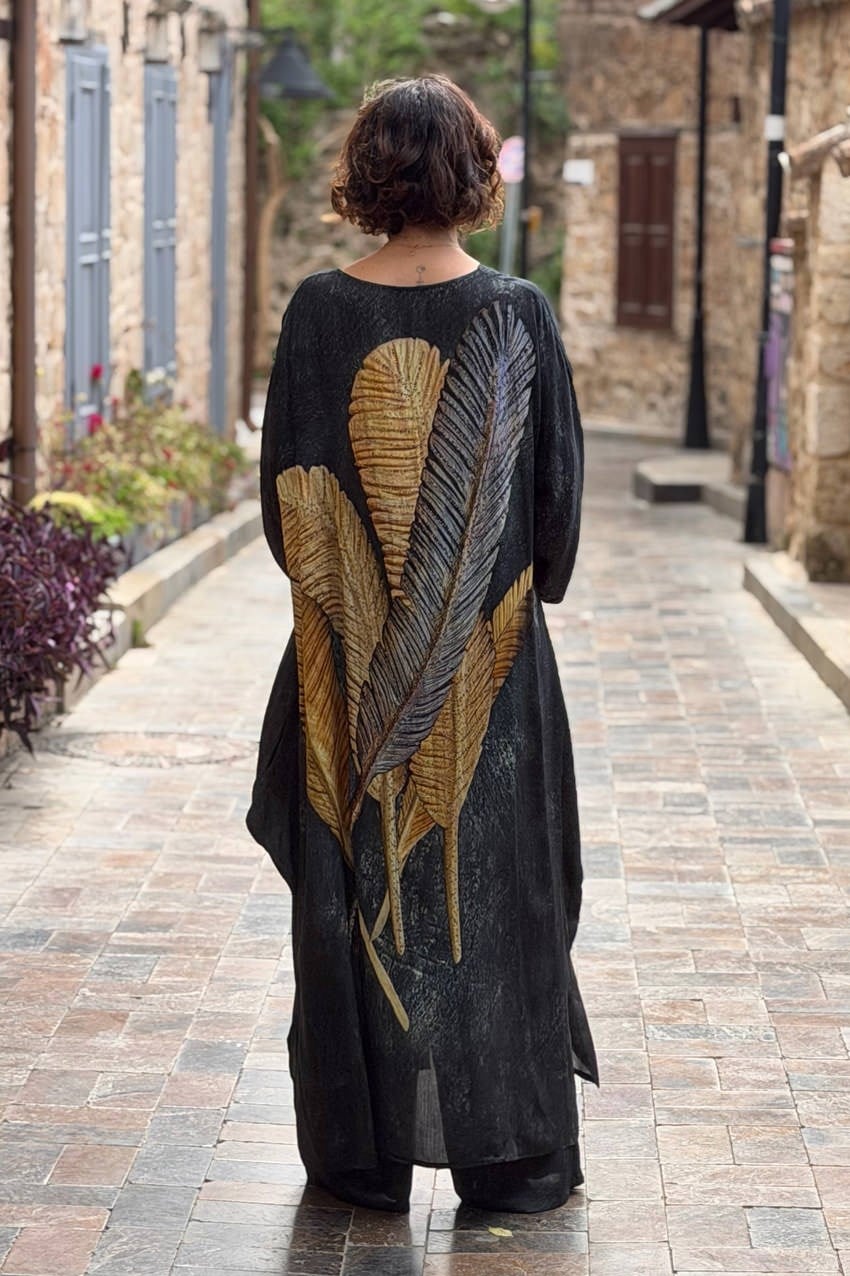 Siyah Tüy Detaylı Pantolon Tunik Takım 