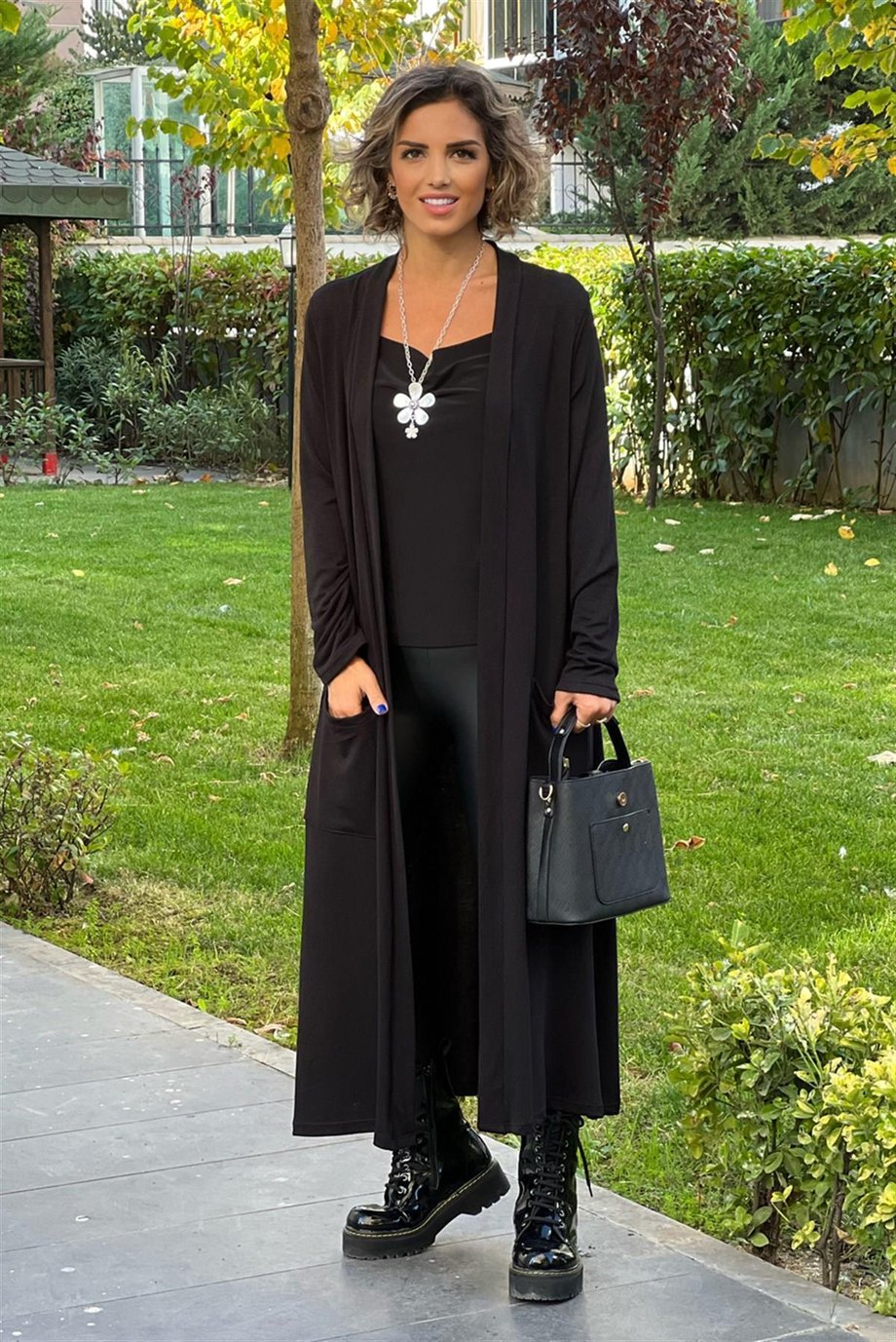 Siyah Uzun Boy Cift Cepli Basic Triko Hırka