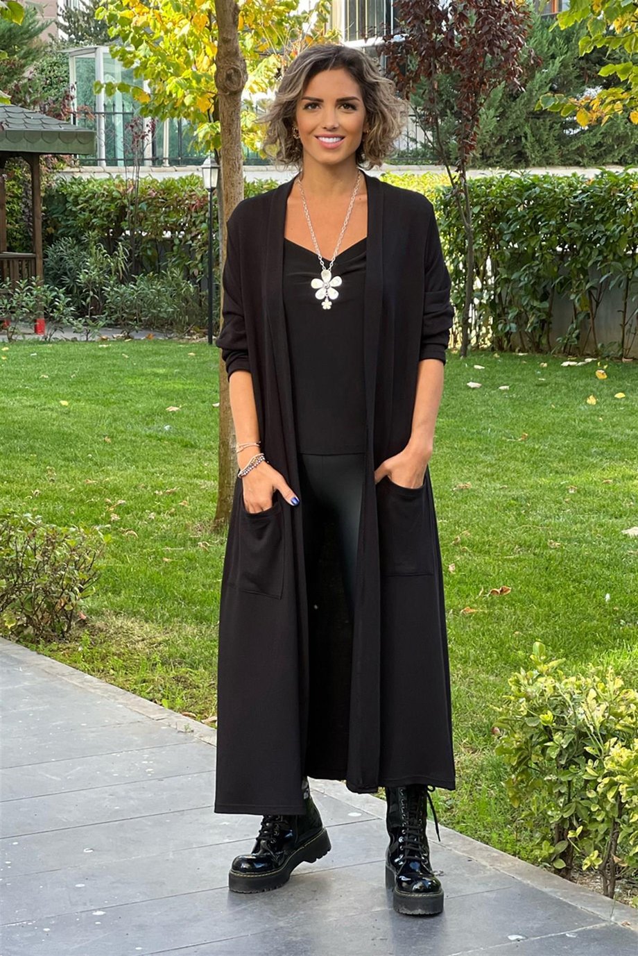 Siyah Uzun Boy Cift Cepli Basic Triko Hırka